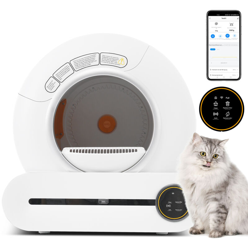 foto del prodotto lettiera autopulente da 65 litri, toilette per gatti adattabile, lettiera automatica, sensore a infrarossi, controllo tramite app, bianca