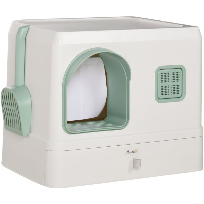 foto del prodotto lettiera per gatti chiusa 50x40x40 cm con deodoranti vassoio e paletta verde e bianco