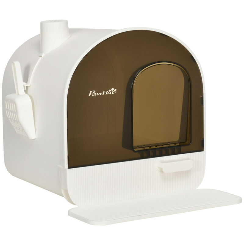 foto del prodotto lettiera per gatti chiusa con filtri, paletta e vassoio removibile, struttura in pp, 43x44x47 cm, bianca e nera