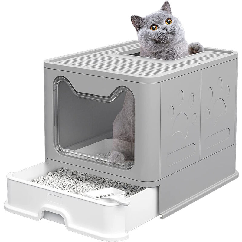 foto del prodotto lettiera per gatti con coperchio, pieghevole,con porta anteriore e ingresso dall alto,51 x 41 x 38cm,grigio haloyo