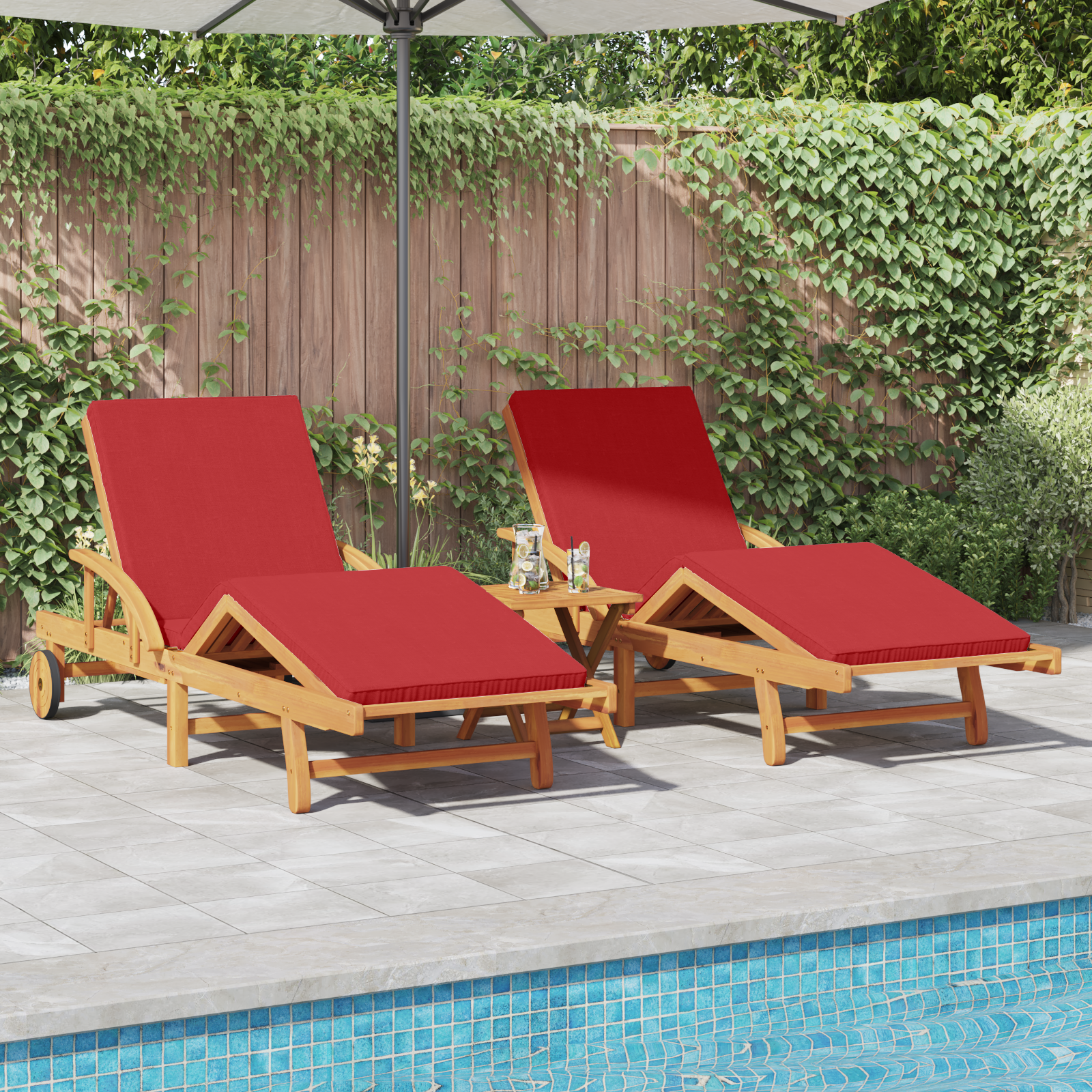 foto del prodotto lettini prendisole 2 pcs con cuscini e ruote rosso legno massello di acacia
