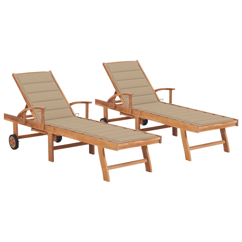 foto del prodotto lettini prendisole 2 pz con tavolo e cuscino beige in teak