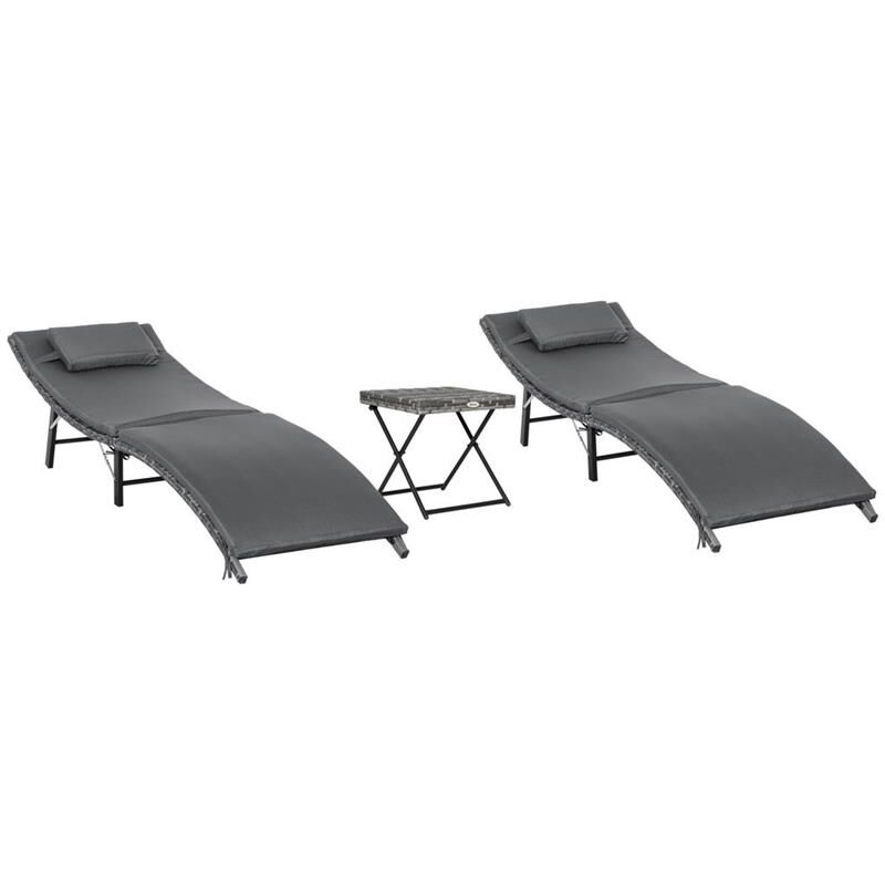 foto del prodotto lettini prendisole richiudibili con cuscini rimovibili e tavolino pieghevole. set 3 pz in rattan. grigio