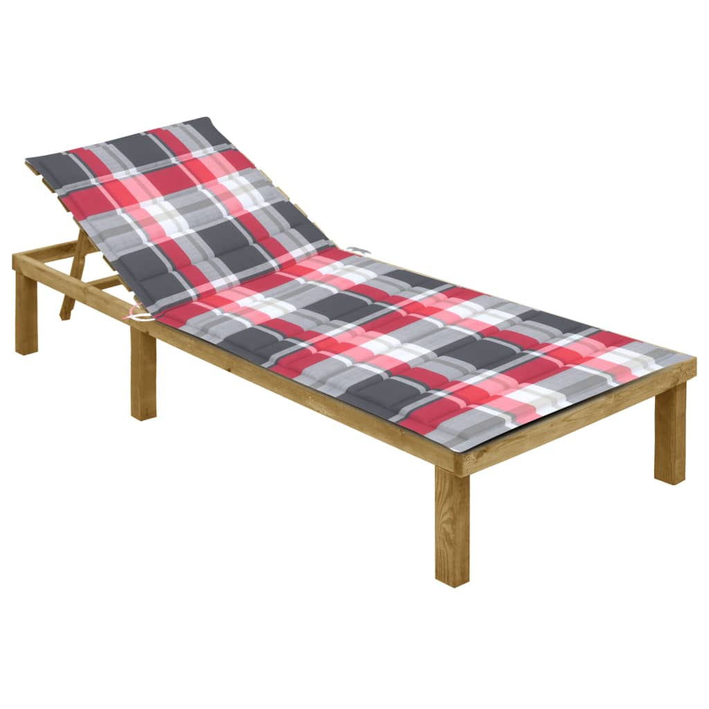 foto del prodotto lettino da giardino con cuscino tartan rosso in pino impregnato