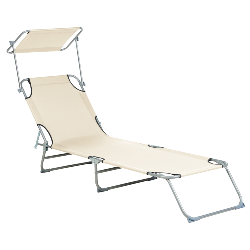 foto del prodotto lettino da giardino pieghevole in acciaio crema con parasole esterno bordo piscina design moderno