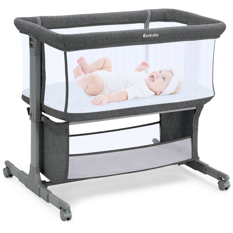 foto del prodotto lettino da viaggio 3 in 1 per bambini, fino a 10 kg, altezza regolabile su 7 livelli, con materasso, sponde pieghevoli, rete traspirante grigio