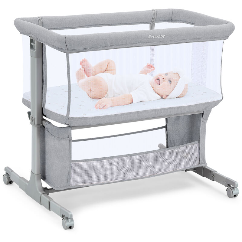 foto del prodotto lettino da viaggio 3 in 1 per bambini, fino a 10 kg, altezza regolabile su 7 livelli, con materasso, sponde pieghevoli, rete traspirante grigio
