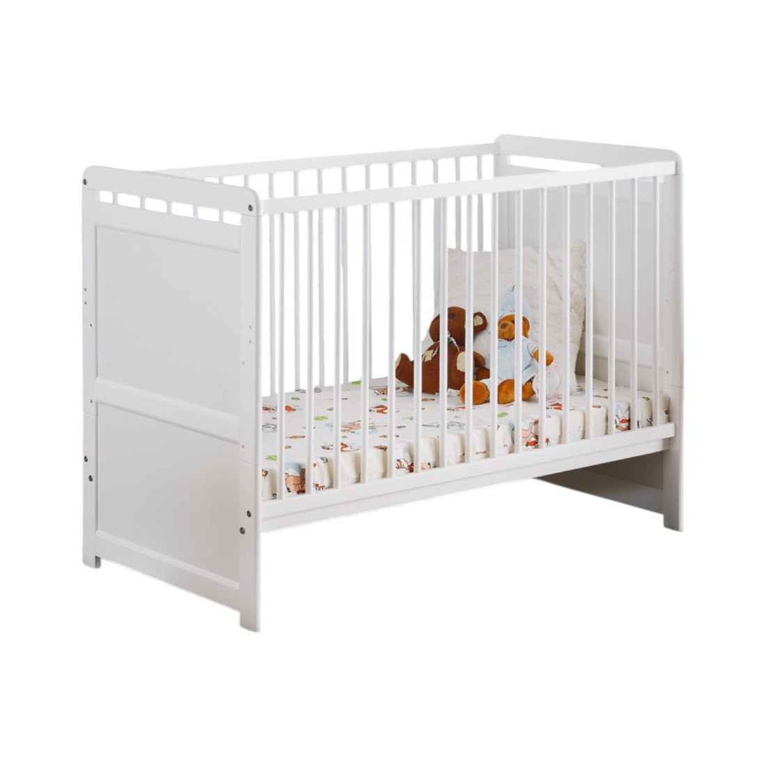 foto del prodotto lettino e materasso per bambini della collezione guizmo, regolabile in altezza. colore bianco opaco.