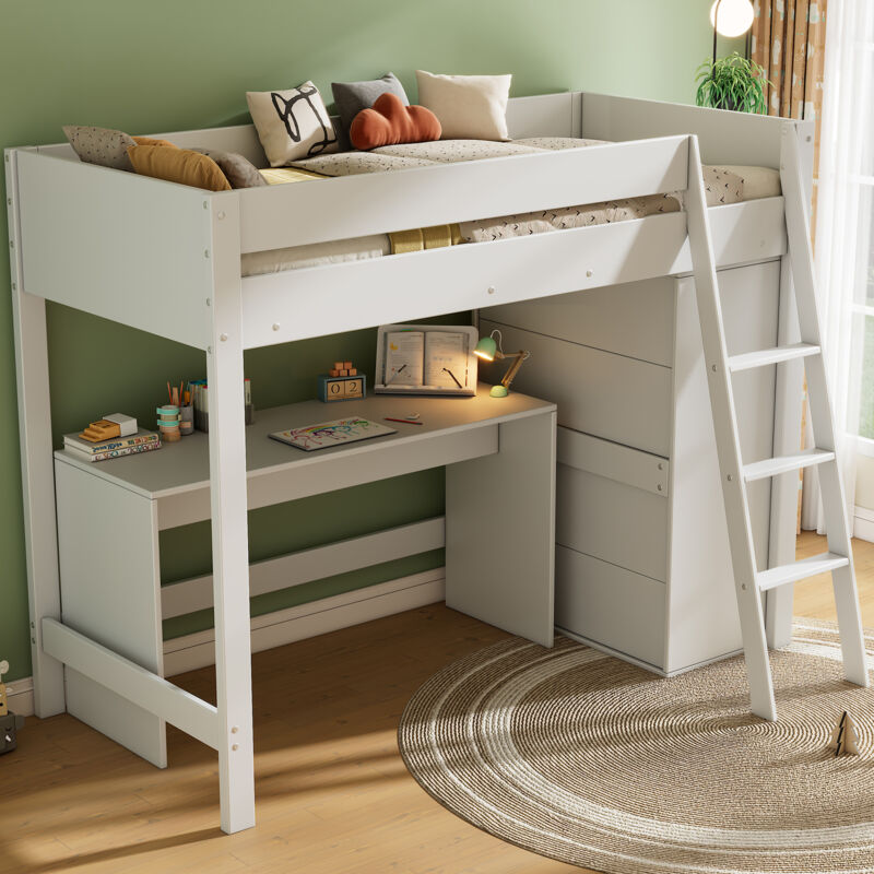 foto del prodotto lettino per bambini 90x200cm, letto a soppalco, con scala, scrivania armadio, senza materasso, in legno, bianco