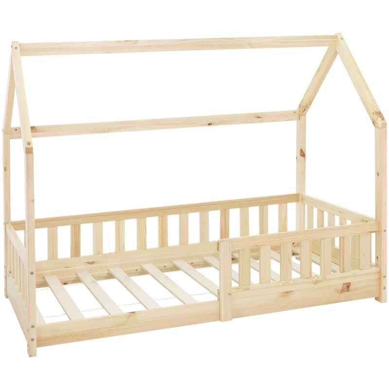 foto del prodotto lettino per bambini a forma di casa 80 x 160 cm con protezione anticaduta tetto e rete a doghe in legno di pino massiccio naturale letto bimbi