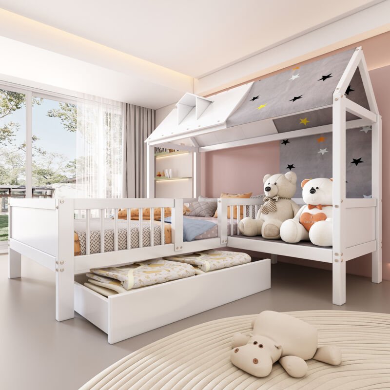 foto del prodotto lettino per bambini a forma di casetta in legno, letto singolo, multifunzionale, con tessuto tenda e cuscino, cassetti inferiori, senza materasso, 90