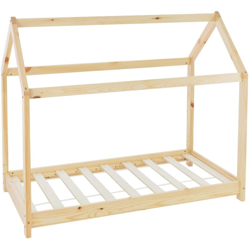 foto del prodotto lettino per bambini e bambine forma di casa con tetto e rete a doghe 70 x 140 cm letto a capanna stile montessori in legno di pino massiccio naturale