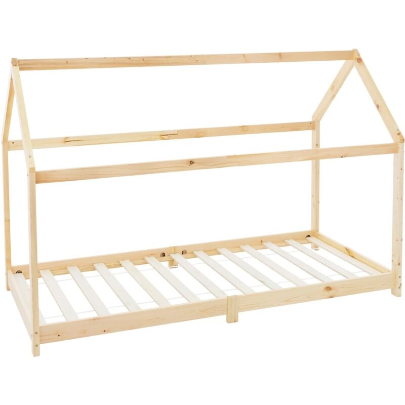 foto del prodotto lettino per bambini e bambine forma di casa con tetto e rete a doghe 90 x 200 cm letto a capanna stile montessori in legno di pino massiccio naturale casetta per cameretta bimbi - ml-design