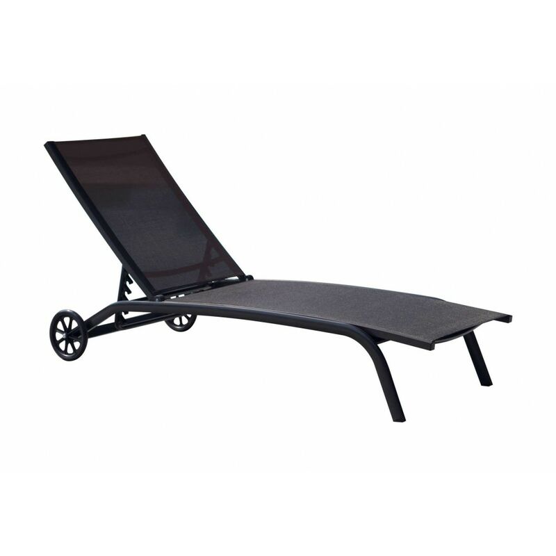 foto del prodotto lettino piscina in alluminio grigio e textilene nero con ruote