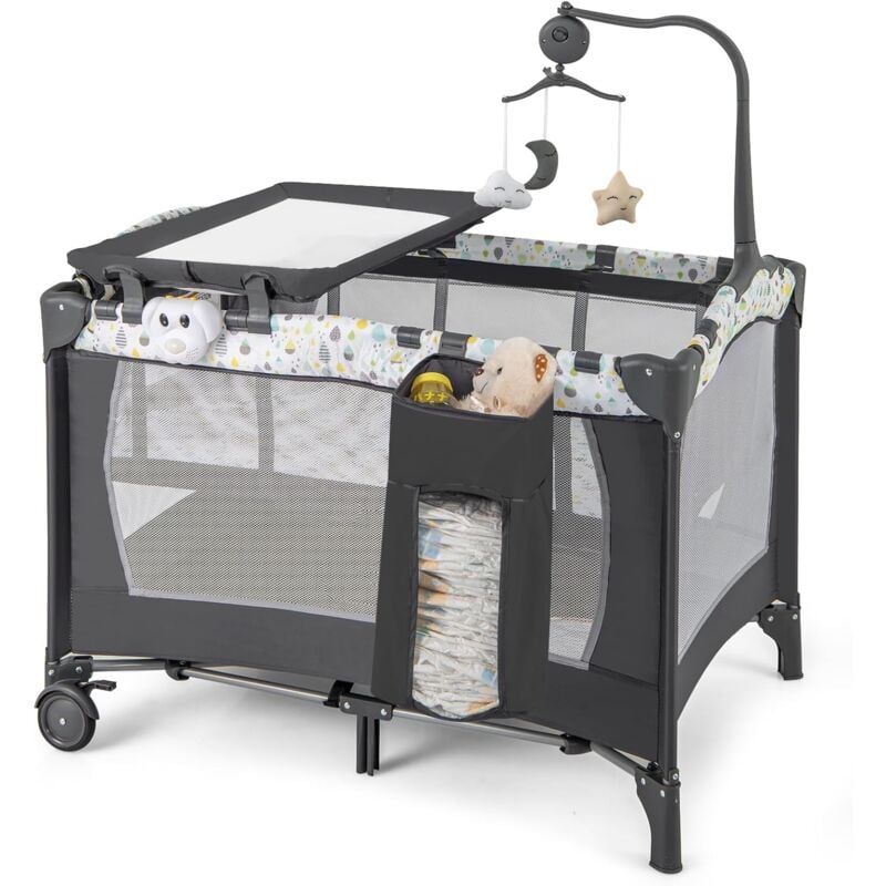 foto del prodotto lettino portatile per neonati 3 in 1, con fasciatoio rimovibile, materasso, box musicale e giocattoli appesi, lettino da viaggio per bambini, 102 x