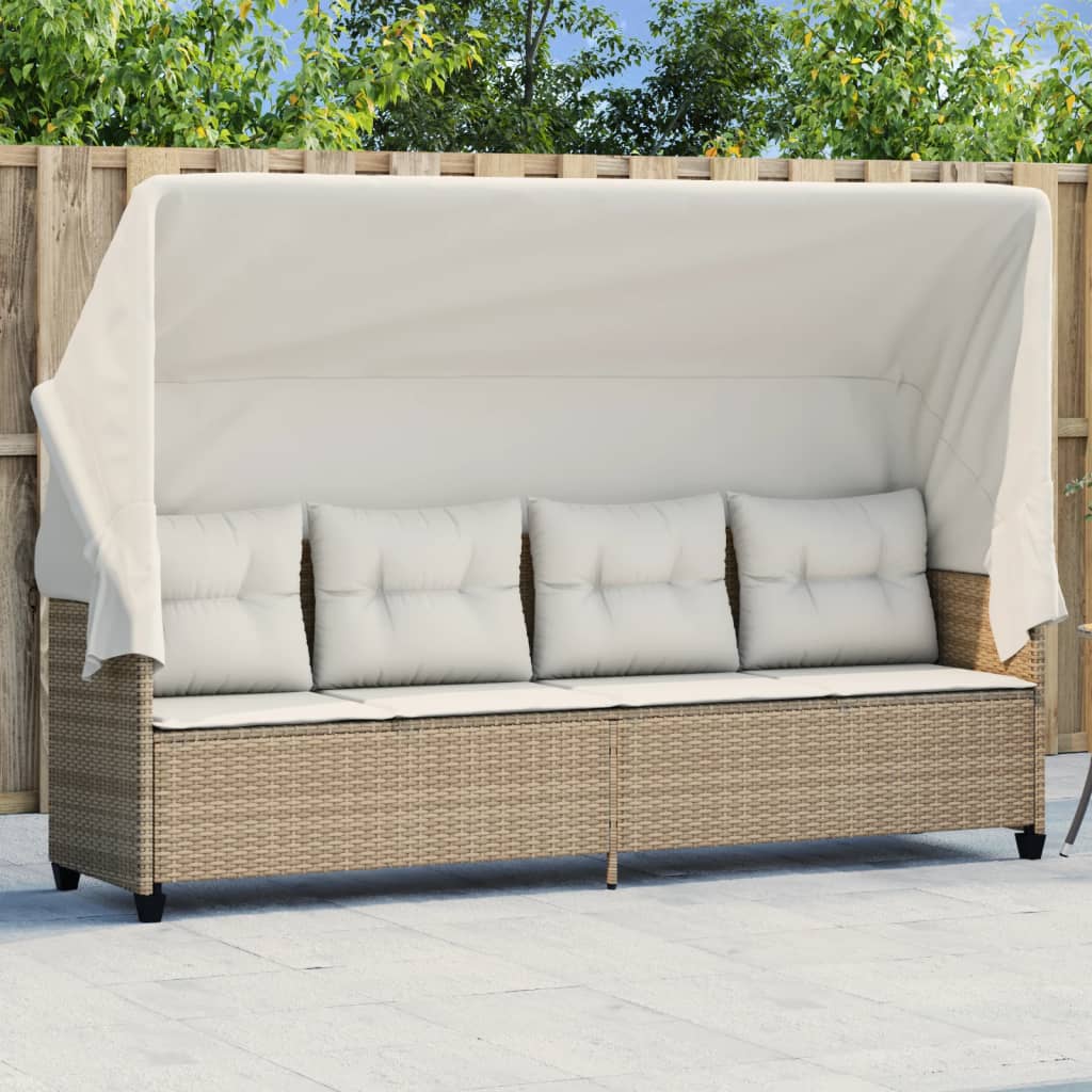 foto del prodotto lettino prendisole con baldacchino e cuscini beige polyrattan