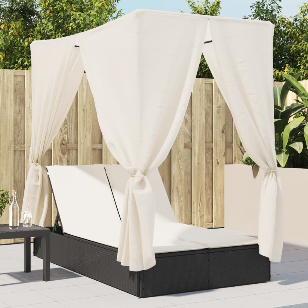 foto del prodotto lettino prendisole con tetto e tende nero in polyrattan