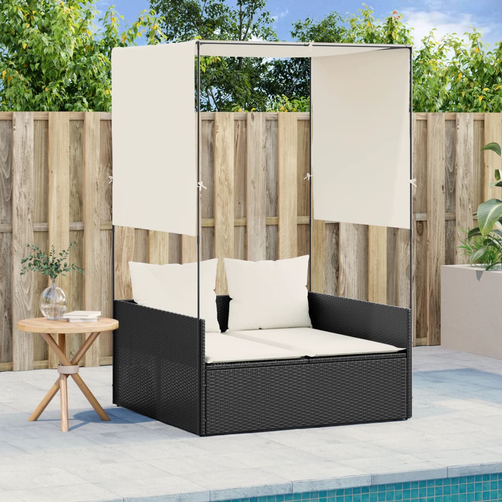 foto del prodotto lettino prendisole con tetto e tende nero in polyrattan