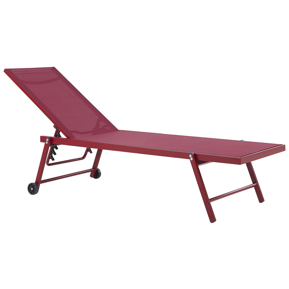 foto del prodotto lettino prendisole da giardino sedile sintetico rosso struttura in alluminio 198 x 61 cm schienale reclinabile regolabile con ruote patio
