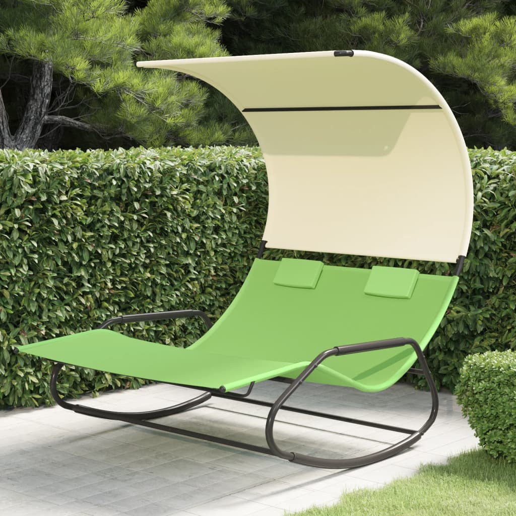 foto del prodotto lettino prendisole doppio a dondolo e baldacchino verde e crema cod mxl 23233