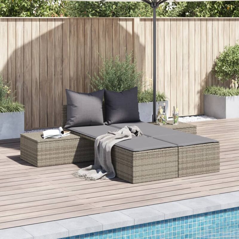 foto del prodotto lettino prendisole doppio con cuscini grigio in polyrattan vidaxl