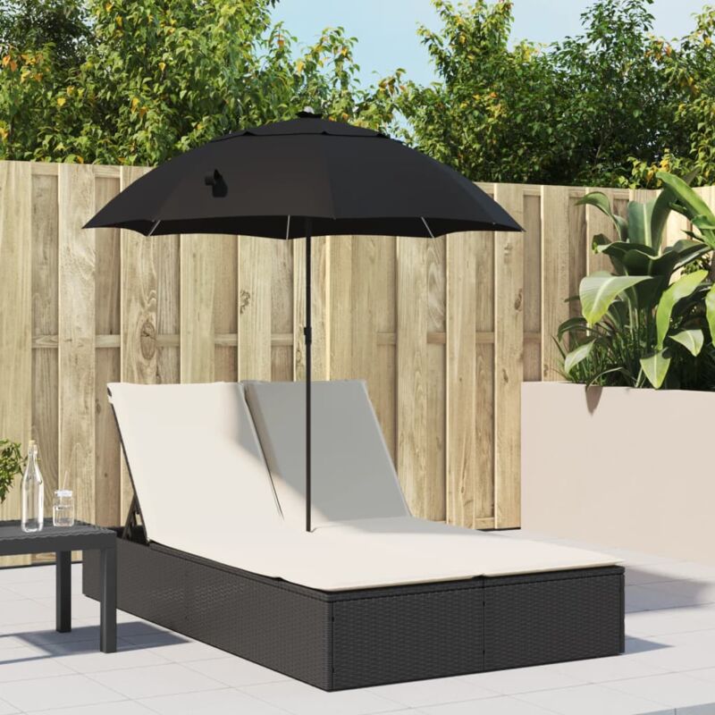 foto del prodotto lettino prendisole doppio cuscini e parasole nero in polyrattan vidaxl