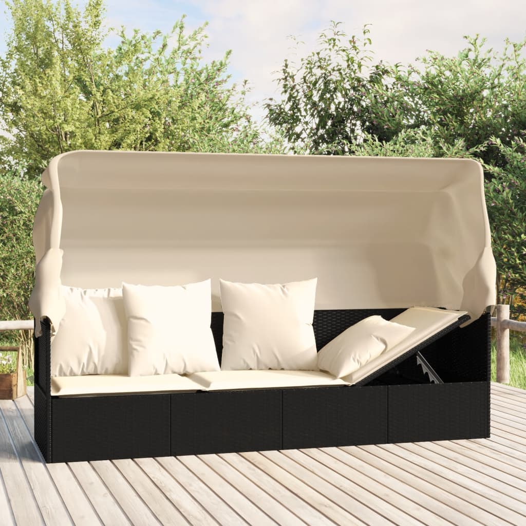 foto del prodotto lettino prendisole esterno con tetto e cuscini nero polyrattan cod mxl 65501