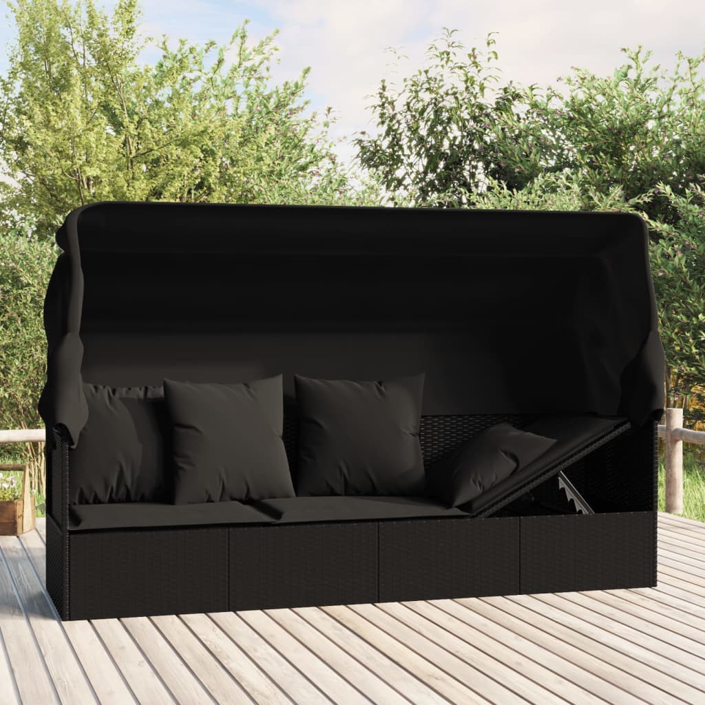 foto del prodotto lettino prendisole esterno con tetto e cuscini nero polyrattan cod mxl 65504