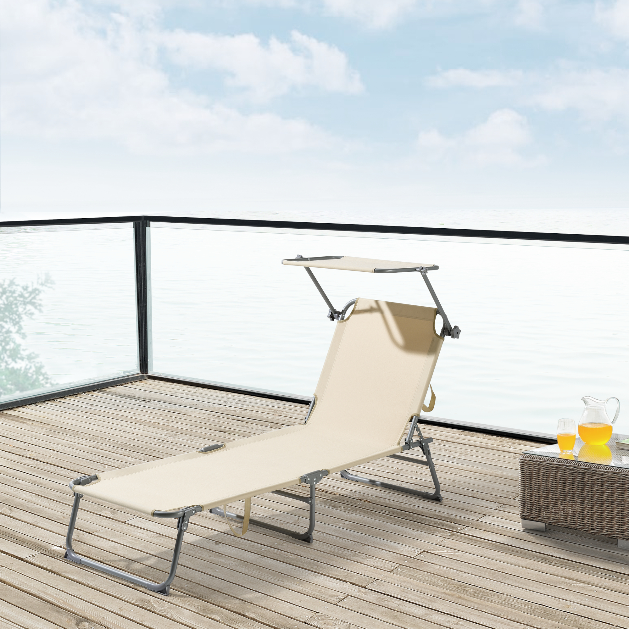 foto del prodotto lettino prendisole getaria con tettuccio parasole sdraio portatile beige en.casa 