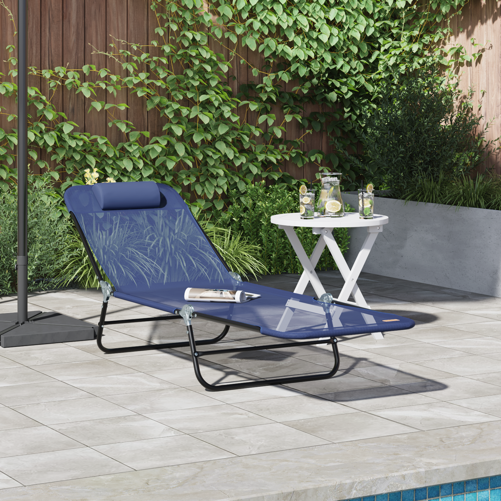 foto del prodotto lettino prendisole pieghevole con testa navy textilene