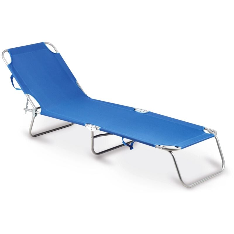 foto del prodotto lettino prendisole pieghevole e reclinabile essenza maiorca in acciaio e pvc blu 188x24x55 cm