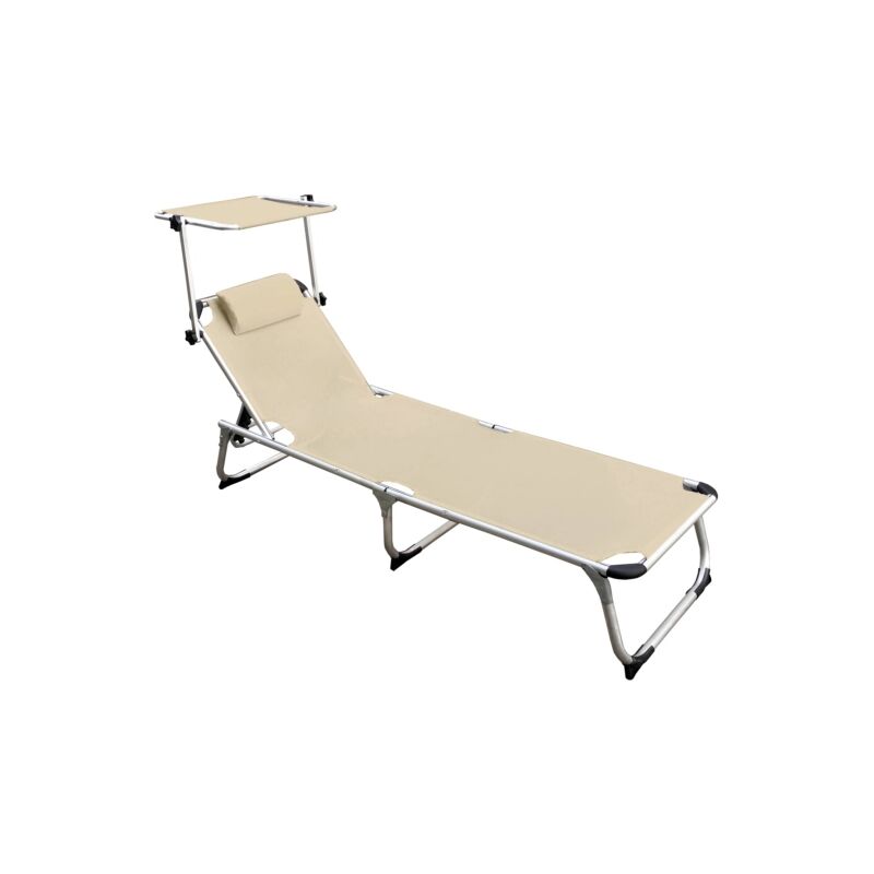 foto del prodotto lettino prendisole pieghevole, schienale e parasole regolabili e cuscino essenza mykonos in alluminio e textilene beige 187x57x30 cm