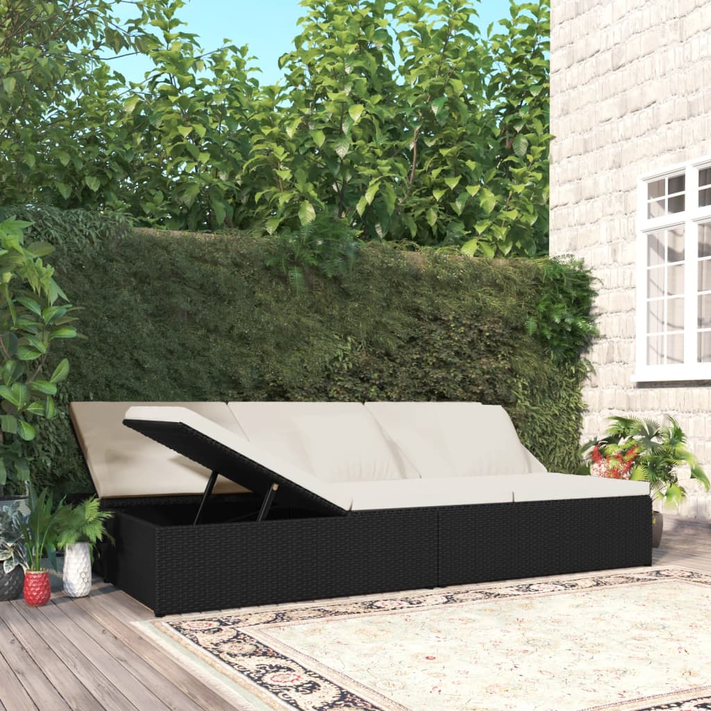 foto del prodotto lettino prendisole reclinabile con cuscini in polyrattan nero cod mxl 71238