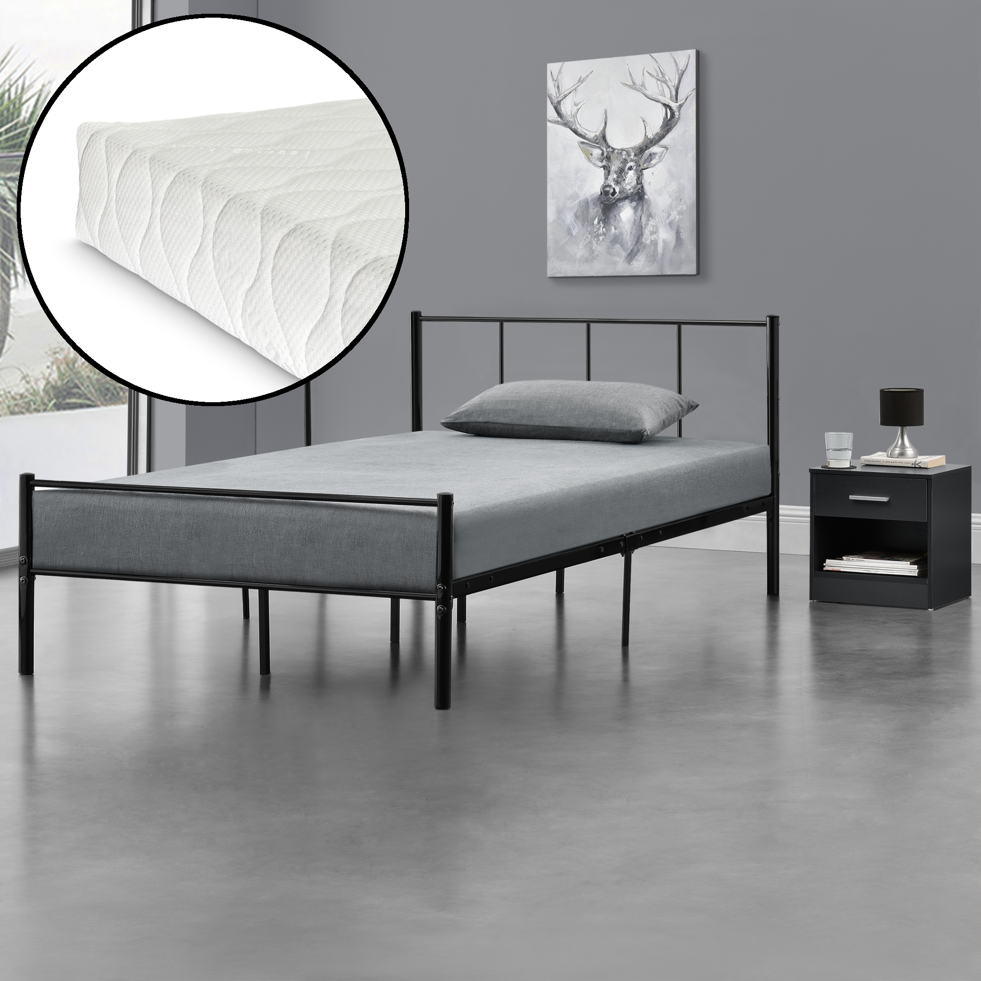 foto del prodotto letto 1 piazza e mezza laos con materasso 120x200 cm letto in acciaio con testiera e pediera nero en.casa 