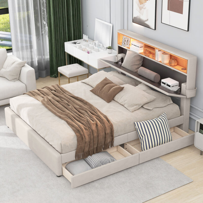 foto del prodotto letto 140 x 200 cm con 2 cassetti, letto per adulti a led, letto imbottito beige con testiera contenitore con ricarica usb