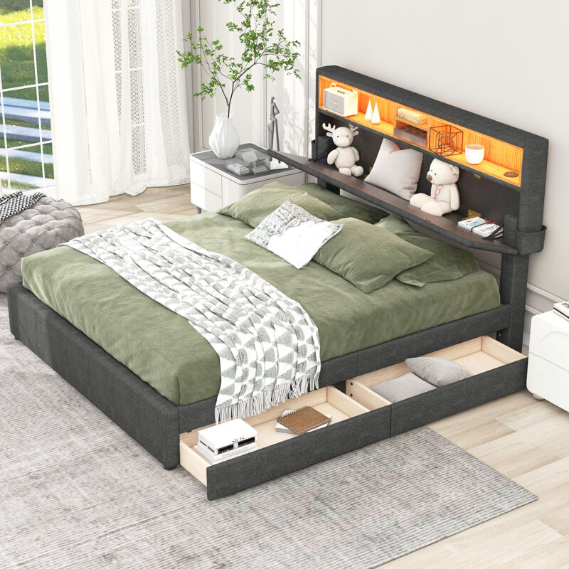 foto del prodotto letto 140 x 200 cm con 2 cassetti, letto per adulti a led, letto matrimoniale imbottito con testiera contenitore con ricarica usb, grigio
