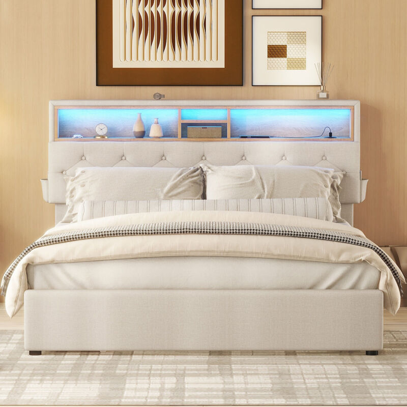 foto del prodotto letto 140 x 200 cm con 4 cassetti, letto per adulti led, letto imbottito beige con testiera contenitore con ricarica usb
