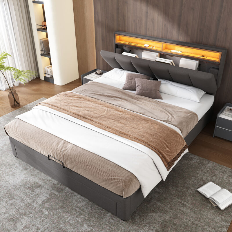 foto del prodotto letto 140x190 cm, letto per ragazzi, letto contenitore 140x190 cm con testiera contenitore, illuminazione led, cassetti, lino, grigio, senza materassi