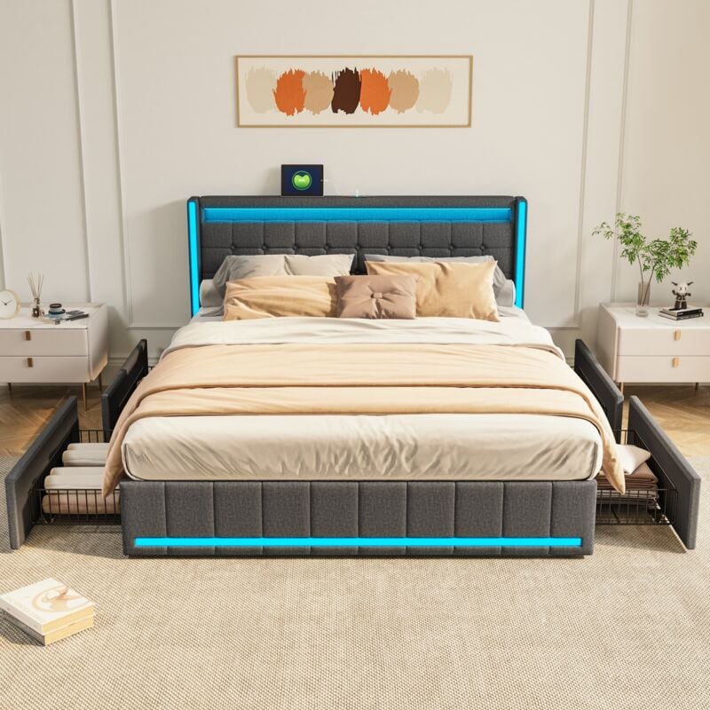 foto del prodotto letto 140x200 cm con cassetti - struttura letto, letto matrimoniale con 4 cassetti contenitori e testiera con illuminazione led, usb typc-c, adatto