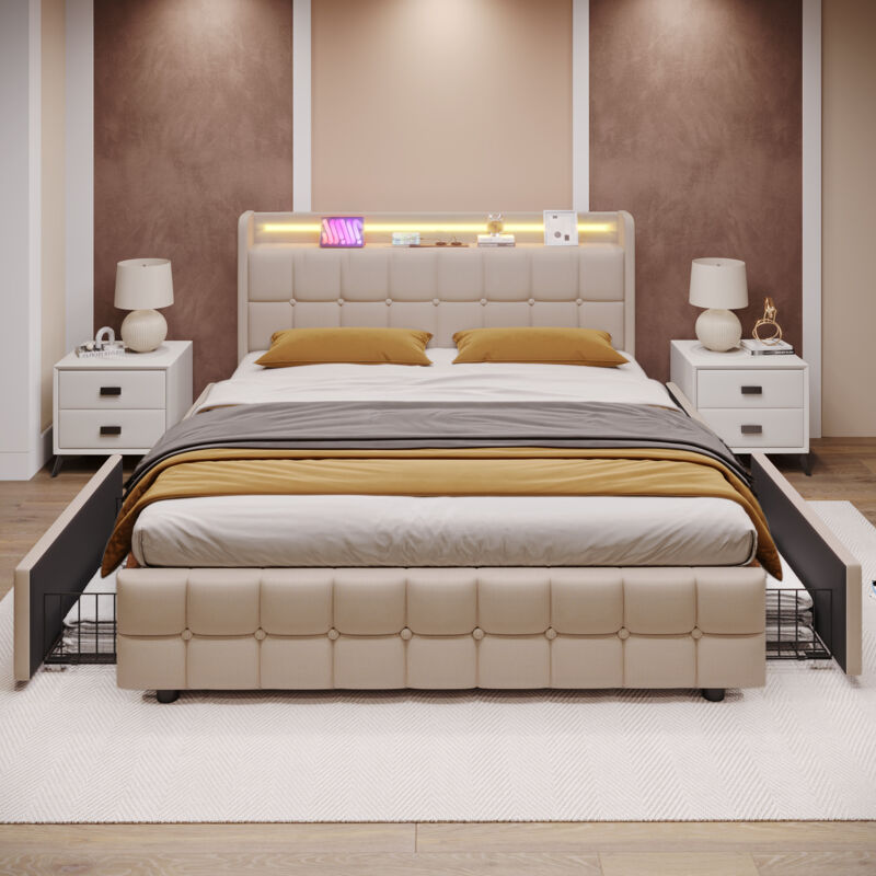 foto del prodotto letto 140x200 cm con cassetto, letto a led per adulti, letto imbottito beige con funzione di ricarica usb, struttura letto con 4 cassetti, senza