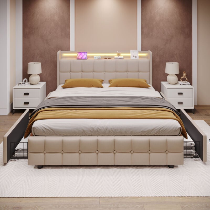 foto del prodotto letto 140x200 cm con cassetto, letto a led per adulti, letto imbottito beige con funzione di ricarica usb, struttura letto con 4 cassetti, senza materasso