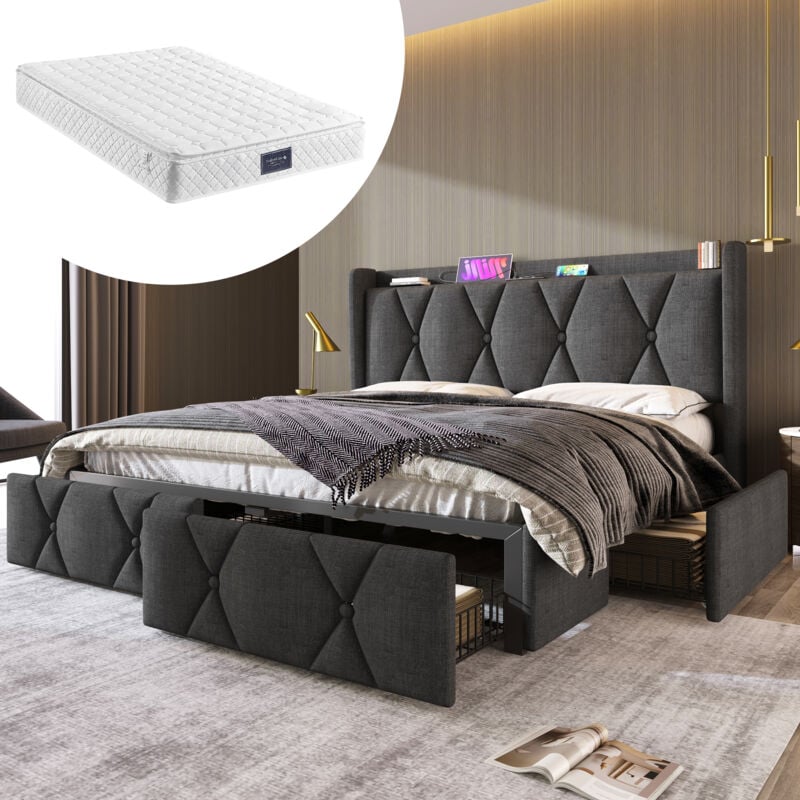 foto del prodotto letto 140x200 cm con cassetto, letto imbottito, struttura letto con 4 cassetti e ricarica usb, rete a doghe in legno, grigio, materasso incluso