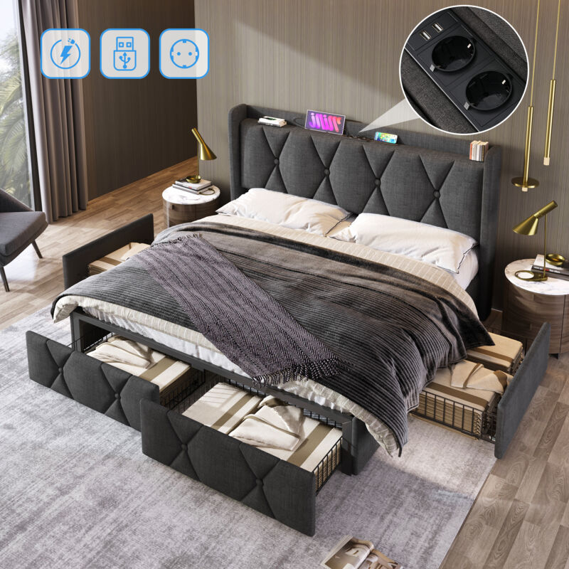 foto del prodotto letto 140x200 cm con cassetto, letto imbottito, struttura letto con 4 cassetti e ricarica usb, rete a doghe in legno, grigio, senza materasso
