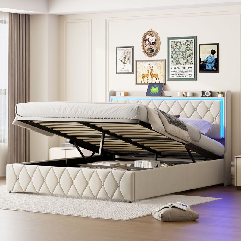 foto del prodotto letto 140x200 cm velluto, testiera diamond con illuminazione led, letto matrimoniale con usb tcpy, contenitore con leva idraulica, rete a doghe,