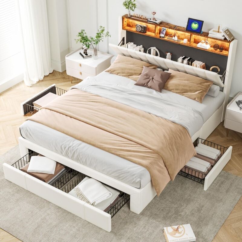 foto del prodotto letto 140x200cm velluto, con 3 cassetti e testiera contenitore, stazione di ricarica usb, rete a doghe, letto per adulti in stile contemporaneo,