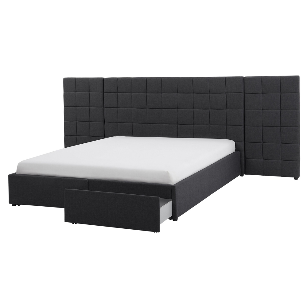 foto del prodotto letto 160 x 200 cm grigio tessuto imbottito testiera grande cassetto contenitore struttura a doghe
