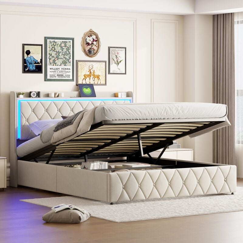 foto del prodotto letto 160x200 cm velluto, testiera diamond con illuminazione led, letto matrimoniale con usb tcpy, contenitore con leva idraulica, rete a doghe,