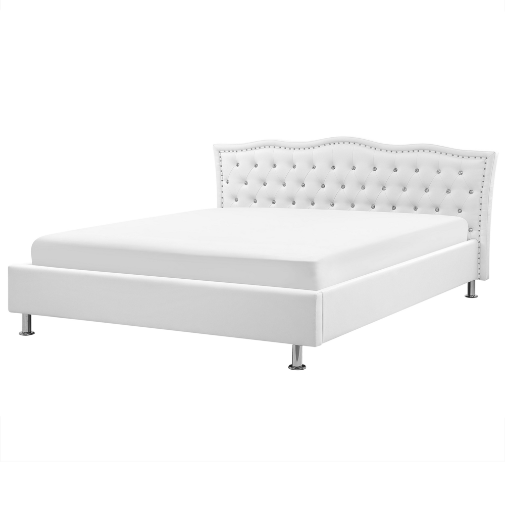 foto del prodotto letto 180 x 200 cm in ecopelle bianca da 1,80 con cornice imbottita bottoncini in cristallo con finiture per la testa dei chiodi