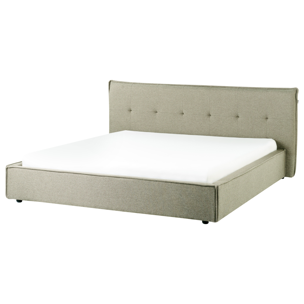 foto del prodotto letto 180 x 200 cm rivestimento in tessuto di lino verde e gambe nere, con testiera e struttura a doghe per la camera da letto.