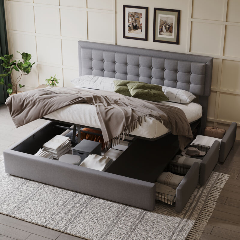 foto del prodotto letto 180x200 cm con 3 cassetti, letto contenitore 180x200 cm, letto imbottito grigio con testiera imbottita e rete a doghe, biancheria, senza